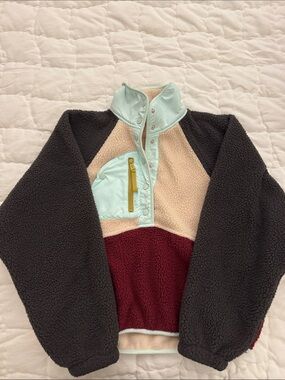 Free People Cream Sherpa Pullover with Mint Trim